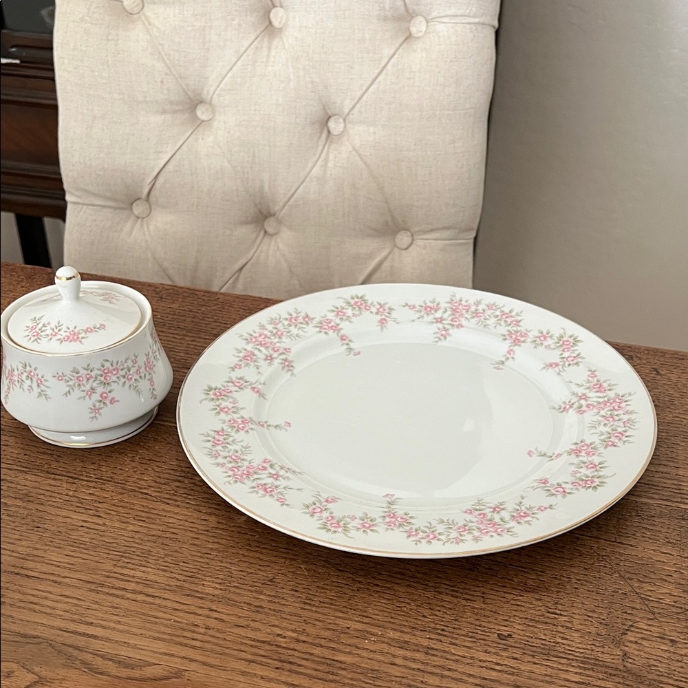 Premiere fine China April Rose print set of 2 serving platter and sugar bowl+lid